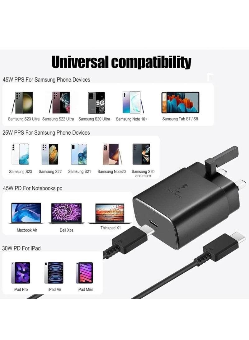 محول طاقة أصلي بقوة 45 واط مع كابل USB-C بقوة 5 أمبير وطول 1.8 متر، شحن فائق السرعة، متوافق مع هواتف سامسونج جالاكسي الذكية والأجهزة اللوحية وغيرها من الأجهزة المزودة بمنفذ USB-C (أسود) - Image 4